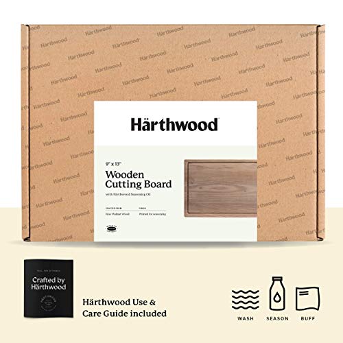 Wood Cutting Board with Juice Groove | Genuine Härthwood Walnut Prep & Serve Chopping and Carving Block with Seasoning Oil | Made in the USA (9"x13")