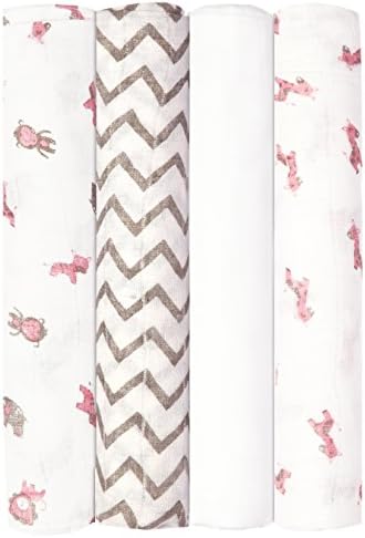 Babykin Organic Cotton Muslin Swaddle Blankets, Pink Jungle Animals, 4 Piece Pack