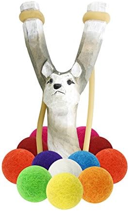 Wooden Wolf Slingshot + Multicolored Felt Ammo