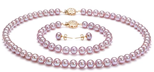 PearlsOnly - Lavender 6-6.5mm AAA Quality Freshwater Cultured Pearl Set-18 in Princess length