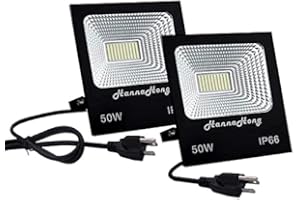 HANNAHONG 50W LED Flood Light with Plug in,6000 Lumen,Cool White,Bright Security/Work/Plant Grow Outdoor,IP66 Waterproof,Refl