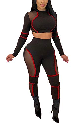 Women Two Piece Outfits - Long Sleeve Sheer Mesh Crop Top Skinny Pants Matching Set Jumpsuit Red M - Thumbnail 5