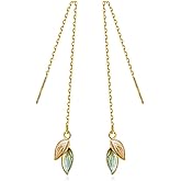 Reffeer Solid 925 Sterling Silver Leaf Chain Dangle Earrings for Women Teen Girls Leaf Dangle Drop Earrings Threader Tassel