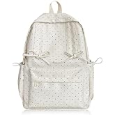 Polka Dot Backpack for Women (White) | Black White Kawaii Nylon Bookbags with Bow Ladies Polka Dot Rucksack Casual Daypack Polkadot Backpack with Multi-Compartment