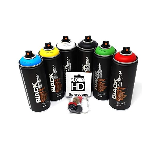Montana Black SprÃ¼hdosen Set Grundfarben + ErsatzsprÃ¼hkÃ¶pfe - Graffiti Street Art 6 x 400 ml