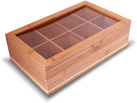 Everything Bamboo Wooden Tea Bag, Condiment or Small Accessories Storage Organizer Caddy with Clear Lid &amp; 8 Compartments
