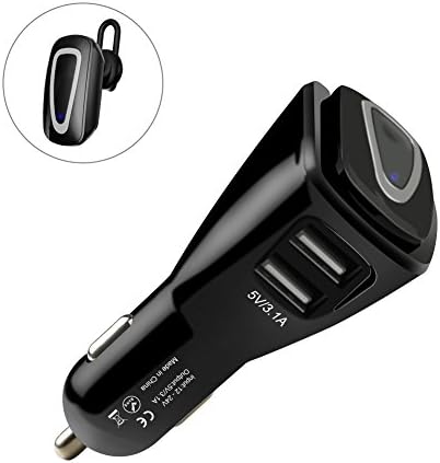 Car Charger Bluetooth Headset 2-in-1 with Dual USB Port Auto Answer CSR4.1 Hands-Free Call/Music In-Car Wireless Earbud Headphone Automatic charging with Mic for iPhone, iPad, iPod, Samsung etc.