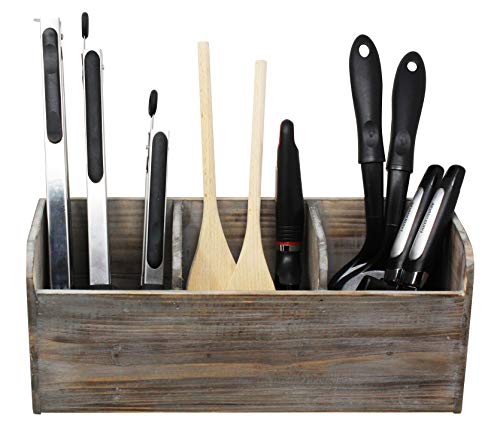 Vintage Rustic Barnwood Torched Wood Kitchen Utensil Holder - 3 Compartment Organizer Caddy Box For Cooking, Silverware, Flatware, Sauce Spoon, Tongs, and More