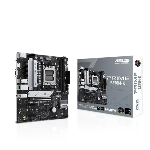 Prime B650M-K – Carte mère AMD Ryzen AM5 B650 Micro-ATX (DDR5, PCIe 5.0 M.2 Support, 2.5Gb Ethernet, HDMI, VGA, USB 3.2 Gen 2 arrière, USB 3.2 Gen 1 Type-C Avant, Aura Sync RGB)