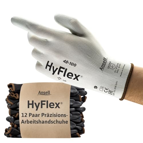 Ansell HyFlex 48-100 Thin Work Gloves, Stretch Fit Nylon Liner with Flexible PU Coating, Lightweight Safety Gloves for Precision Handling, DIY and Mechanics, White, Size M (12 Pairs)