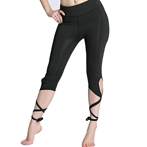 OVESPORT Women Yoga Leggings High Waist Workout Dance Pants With Ballet Ribbon (M, Black2088) - Thumbnail 3