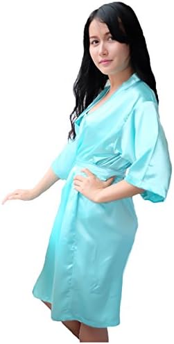Roger chapple Women's Kimono Robe Knee Length Bridal Lingerie Sleepwear Short Satin Robe Turquoise Small