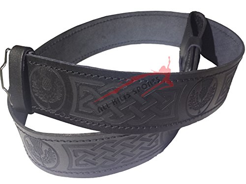 Scottish Highlander Black Leather Embossed Thistle Kilt Belt (2XL(50-52-54))
