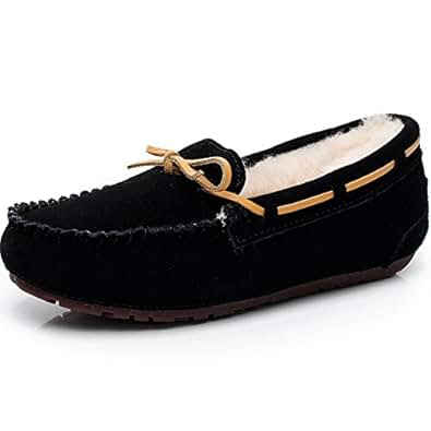 Amazon.com | rismart Women's High-End Sheepskin Wool Lining Warm Slippers Winter Suede Moccasins 