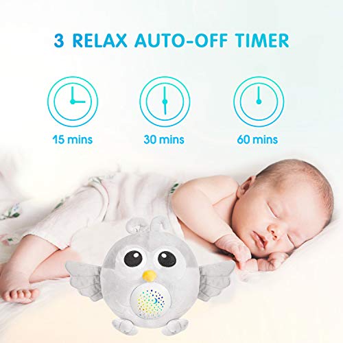BEREST Baby Sleep Soother Owl, Baby White Noise and Toddler Sleep Aid Night Light, Lullaby Sound Machine - Sleep Sound Toys, Portable Stuffed Projector Owl, Baby Sleep Aid Toy (Gray)