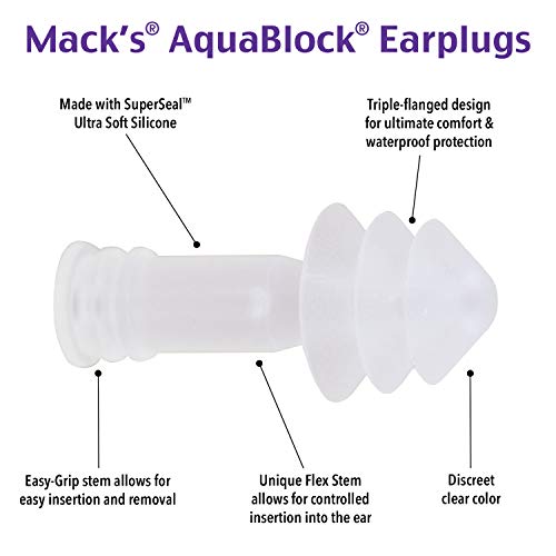 Mack's AquaBlock Earplugs - Comfortable, Waterproof, Ear Plugs for Swimming, Snorkeling and Showering (1 Pair - Clear) - Thumbnail 2
