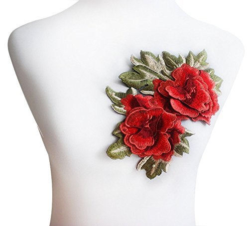 3D Flower Floral Patch Lace Embroidery Patches Motif Trim Sew On Applique Sewing Accessories for Cloth 1PC T1634 (Red with dark green)