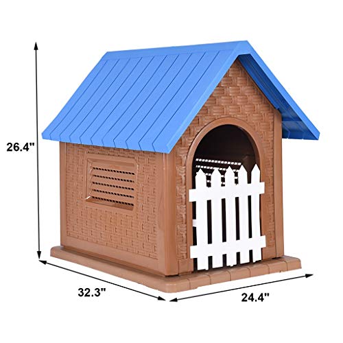 Homefami Pet Waterproof Plastic Dog Kennel Outdoor Winter House with Door Easy Assemble Ideal for Medium Large Pets Blue 32.3 x 26.4 x 24.4 inches