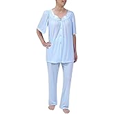 Miss Elaine PJ Set - Women's Nylon Tricot Pajama Set, Short Sleeves, Round Neckline with Embroidered Trim, Button Front Top