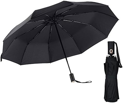 Lenow Umbrella, Rain Umbrella, 10 Fiberglass Ribs Folding Waterproof&amp; Windproof Travel Umbrella, Auto Open Close Button