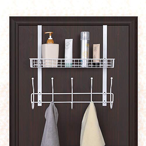 RZChome Upgrade Over The Door Hook Shelf Organizer 5 Hooks with Basket Storage Rack for Coats & Towels - Thumbnail 6