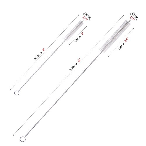 GFDesign Drinking Straw Cleaning Brushes Set Pipe Tube Cleaner Nylon Bristles Stainless Steel Handle 8" 12" Extra Long 10mm 12mm Extra Wide Diameter - Set of 5