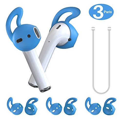 MRPLUM Ear Hooks AirPod Silicone Earbuds Covers Accessories Anti-Slip Earbuds Tips with Strap Compatible with Apple AirPods 1 & 2 or EarPods Headphone Earphone 3 Pairs (Blue)