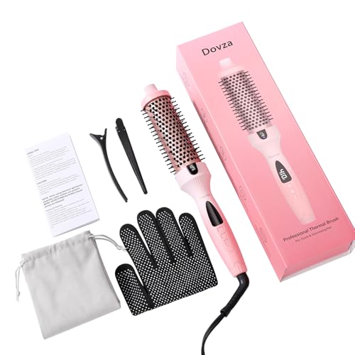 Dovza Blowout Boost Thermal Brush - 1.5 Inch Thermal Brush & Curling Iron for Voluminous Blowout, Dual Voltage, Ceramic Tourmaline & Negative Ion, 5 Heat Settings