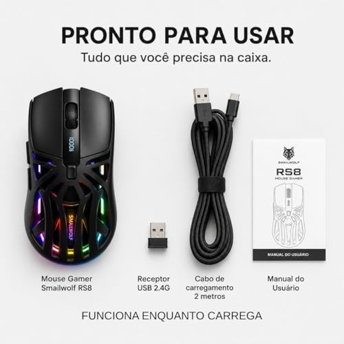 Mouse Gamer Sem Fio RS8 RGB Bluetooth 2.4G Recarregável 10000 DPI Design Ergonômico 6 Botões Para PC Notebook
