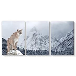 Canvas Wall Art Snow Leopard Mountain Canvas Painting Wall Poster Decor for Living Room Framed Home Decorations - 16"x24" x 3 Panels