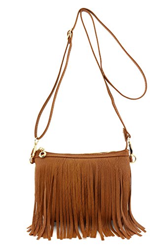 Small Fringe Crossbody Bag with Wrist Strap Tan