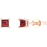 14K Rose Gold Plated 925 Sterling Silver Push back Dainty Stud Earrings for Women - 0.5 cttw Princess Cut Natural Garnet