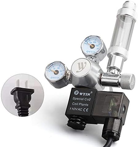Hylotele 12V Output Voltage Aquarium CO2 Regulator CO2 Pressure Regulator with Solenoid Double Pressure Gauge Bubble Counter & Check Valve for CO2 Aluminun Cylinder W21.8 Interface