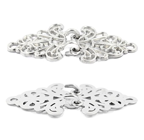 Bezelry 4 Pairs Filigree Trivet Cape or Cloak Clasp Fasteners. 64mm x 29mm Fastened. Sew On Hooks and Eyes Cardigan Clip (Silver) - Thumbnail 2
