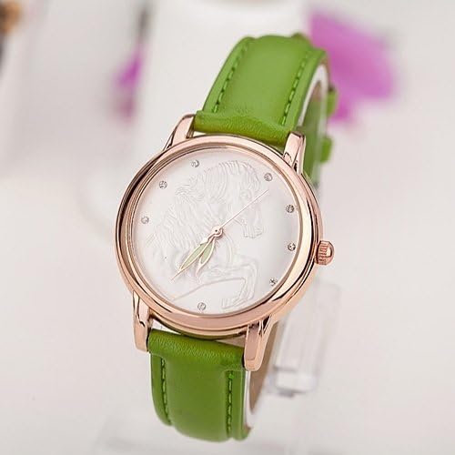 Colorful Diamond Dail Rose Gold Bezel Green Pointer PU Leather Women Quartz Watch - Green