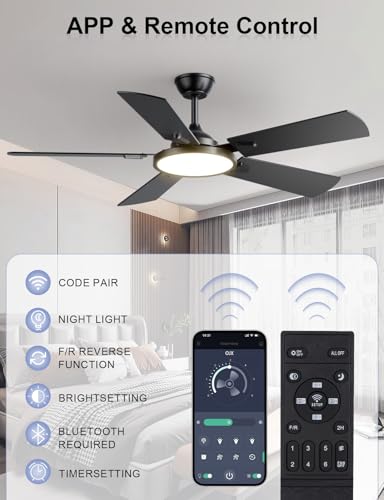 OJX Ceiling Fans with Lights, 52 inch Ceiling fan with Light and Remote/APP Control, 3CCT, Quiet DC Reversible, Dimmable, Modern Ceiling Fan for Bedroom, Living Room, Kitchen, Indoor/Outdoor Use