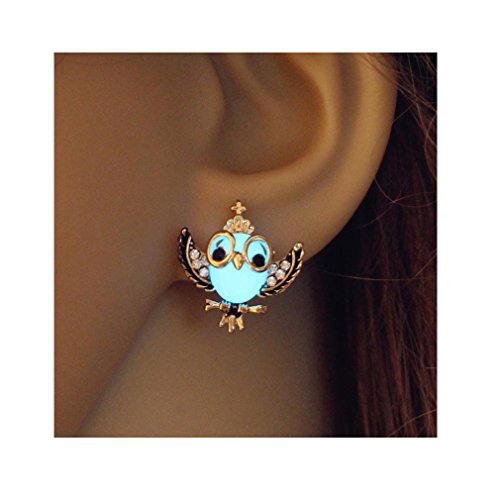 Owl glowing stud earrings steampunk jewelry blue green color