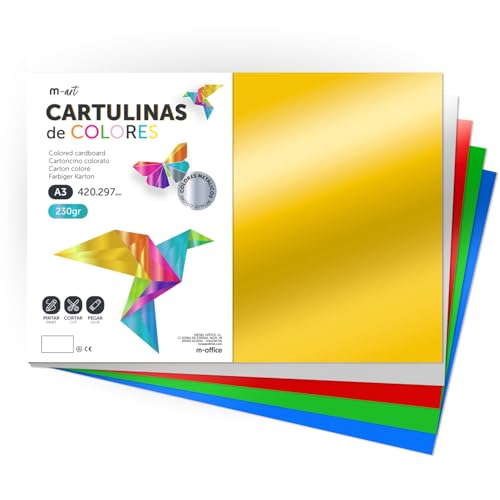 Cartulina de Colores Metalizadas, Cartulina Grande A3 (29,7x42cm) Cartulinas de Colores 230gr para Manualidades, Disenos Creativos y Proyectos Arte, Brillo Reflectante · m-office (250 hojas, Surtido)