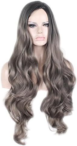 AneShe 32" Women's Gray Wig Long Curly Wavy Wigs Natural Gray Ombre Synthetic Hair Party Wig (Black/Dark Gray)