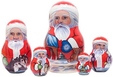 Golden CockerelMade in Russia Authentic Yukon Santa Nesting Doll 5pc./5" Jolly Santa Clauses Collectible Babushka Russian Doll 100% Guaranteed!