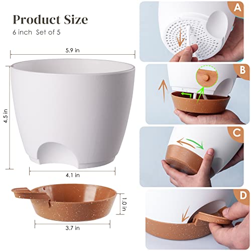 JOFAMY 6 inch Planter Pots, 5-Pack Self Watering Planters for Indoor Outdoor Plants, Plastic Plant Pots Set with Drainage Hole, Decorative White Flower Pots for All House, Garden Plants
