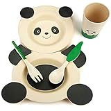 Kids Dinnerware Plates & Bowls Set - 5 Piece Dinner Sets with Spoon & Fork Utensils for Toddlers, Food-Grade Safe, BPA Free & Non-Toxic Biodegradable Material, Cute Panda Design