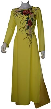 Lemon Yellow Ao Dai Red Flower Crystal Vietnamese Long Dress - Theu hoa Ket Hat Da