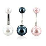 3 Pcs Pack of Assorted Color Surgical Steel Navel Belly Button Ring with Faux Pearl Balls