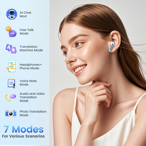 KI Übersetzer Kopfhörer, 2026 Neu Bluetooth 5.4 kopfhörer mit übersetzer 164 Sprachen kopfhörer übersetzer echtzeit mit 7 Modi, ENC Rauschunterdrückung 56H Laufzeit für Business Reisen, Saphirblau