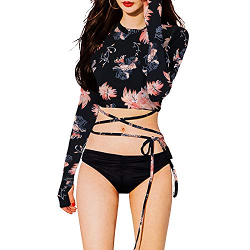 FORNY Women Two Piece Swimsuits Surfing Rash Guard Long Sleeve Padded Crop Top Swimwear (flower0314, XL)