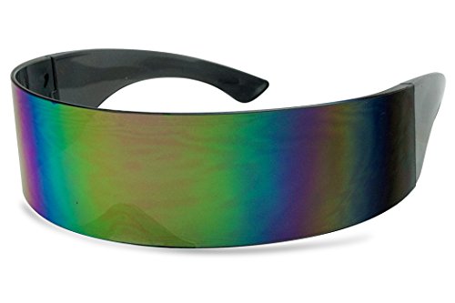 Black Retro Futuristic Single Shield Color Oversized Wrap Cyclops/Visor Sunglasses (Smoke, Purple Mirror) - Thumbnail 4