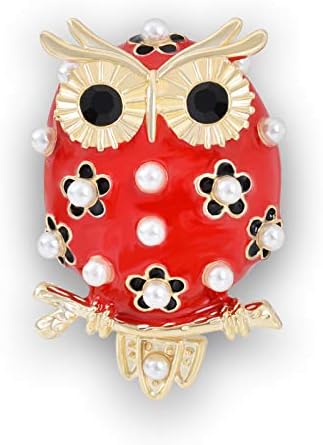 YYBONNIE Lovely Pearl Red Enamel Crystal Owl Bird Gold Animal Brooch Pin Lapel Pin for Women