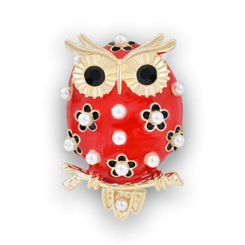 YYBONNIE Lovely Pearl Red Enamel Crystal Owl Bird Gold Animal Brooch Pin Lapel Pin for Women