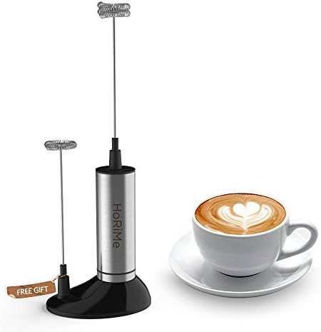 Milk Frother - HoRiMe Stainless Steel Electric Milk Frother Wand Foam Maker Double Spring Whisk Coffee Latte Coconut Milk Almond Milk Frother Steamer Handheld with Stand Replacement Whisk Head